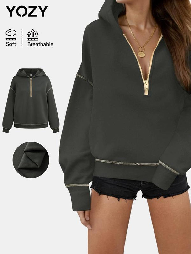 YOZY Women'S Solid Zip up Drop Shoulder Hoodie, Fashion Casual Long Sleeve Hooded Sweatshirt for Daily Outdoor Wear, Women Fall & Winter Clothes