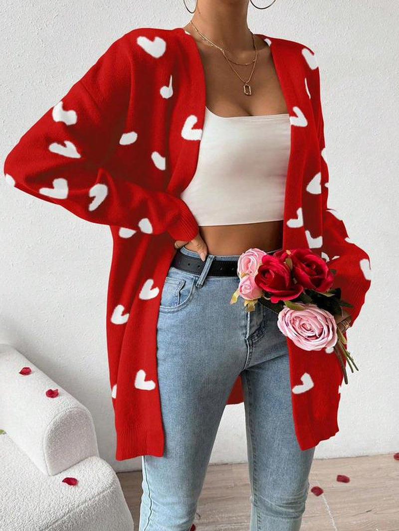 Women'S Heart Print Drop Shoulder Cardigan, Casual Chic Open Front Long Sleeve Knitwear for Fall & Winter, Valentine'S Day Gift, Fashion Ladies' Knit Womenswear for Daily Wear