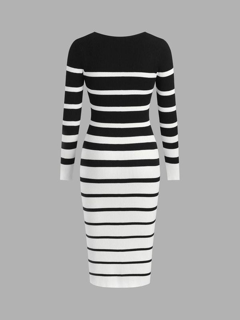 YOZY Women'S Striped Print Long Sleeve Bodycon Sweater Dress, Casual Square Neck Knit Dress for Fall & Winter, Fashion Women'S Clothing for Daily Wear