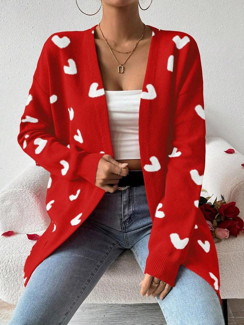 Women'S Heart Print Drop Shoulder Cardigan, Casual Chic Open Front Long Sleeve Knitwear for Fall & Winter, Valentine'S Day Gift, Fashion Ladies' Knit Womenswear for Daily Wear