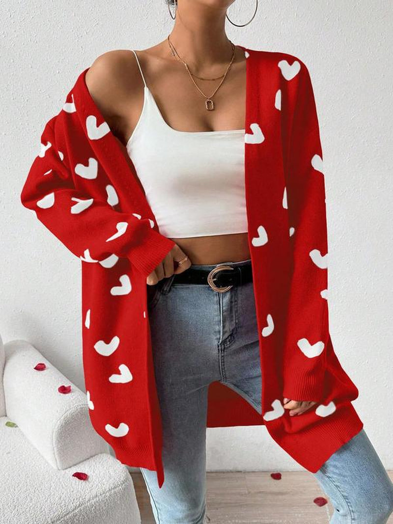 Women'S Heart Print Drop Shoulder Cardigan, Casual Chic Open Front Long Sleeve Knitwear for Fall & Winter, Valentine'S Day Gift, Fashion Ladies' Knit Womenswear for Daily Wear