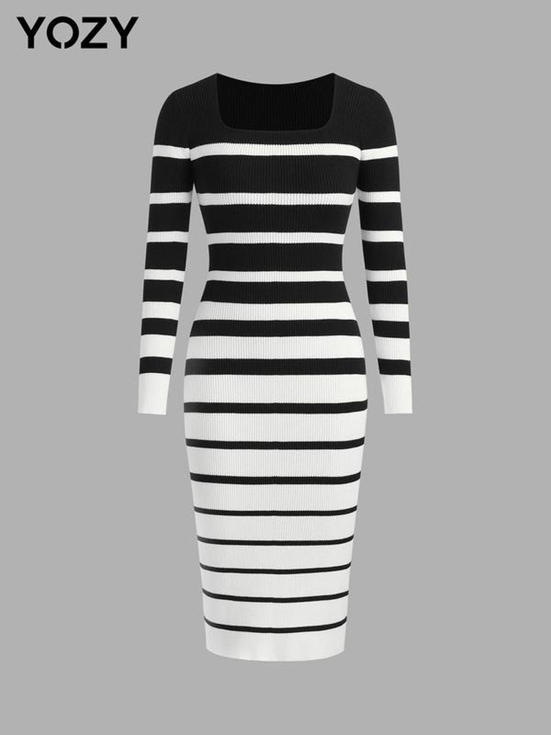 YOZY Women'S Striped Print Long Sleeve Bodycon Sweater Dress, Casual Square Neck Knit Dress for Fall & Winter, Fashion Women'S Clothing for Daily Wear