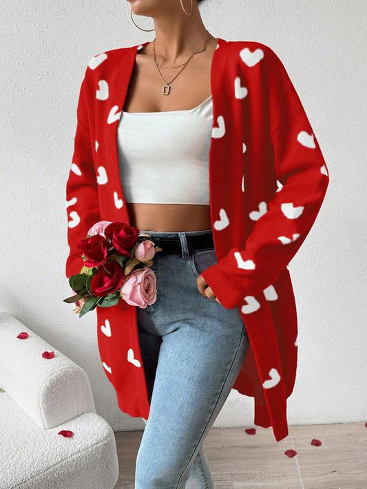 Women'S Heart Print Drop Shoulder Cardigan, Casual Chic Open Front Long Sleeve Knitwear for Fall & Winter, Valentine'S Day Gift, Fashion Ladies' Knit Womenswear for Daily Wear