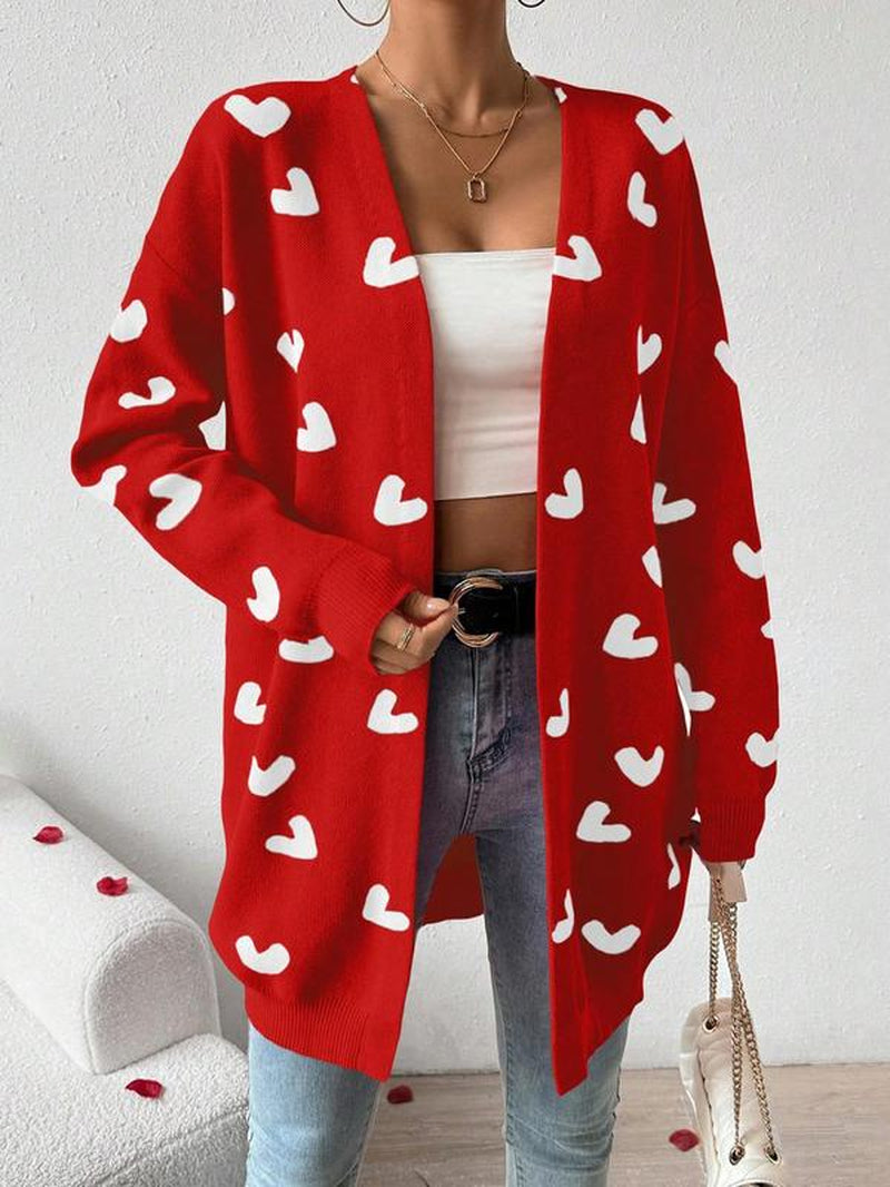 Women'S Heart Print Drop Shoulder Cardigan, Casual Chic Open Front Long Sleeve Knitwear for Fall & Winter, Valentine'S Day Gift, Fashion Ladies' Knit Womenswear for Daily Wear